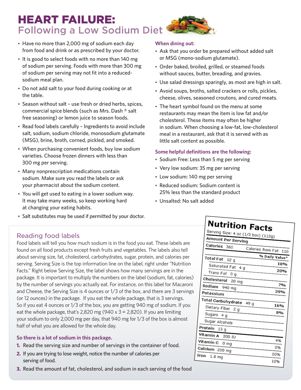 HEART FAILURE: Following a Low Sodium Diet •• Have No More Than 2,000 Mg of Sodium Each Day When Dining Out: from Food and Drink Or As Prescribed by Your Doctor