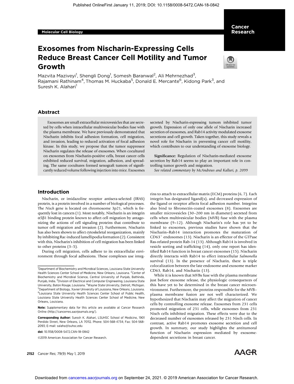 Exosomes from Nischarin-Expressing Cells Reduce Breast Cancer Cell Motility and Tumor Growth