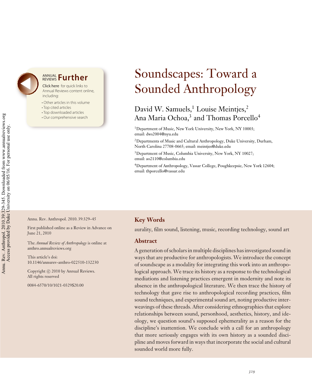 Soundscapes: Toward a Sounded Anthropology