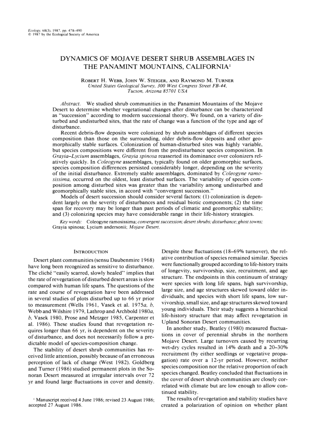 1987 by the Ecological Society of America DYNAMICS of MOJAVE