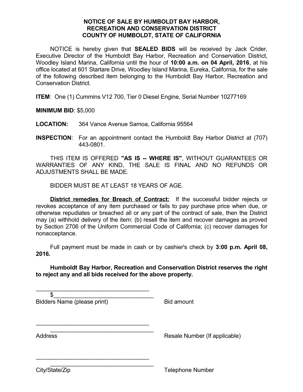 Notice of Sale by Humboldt Bay Harbor