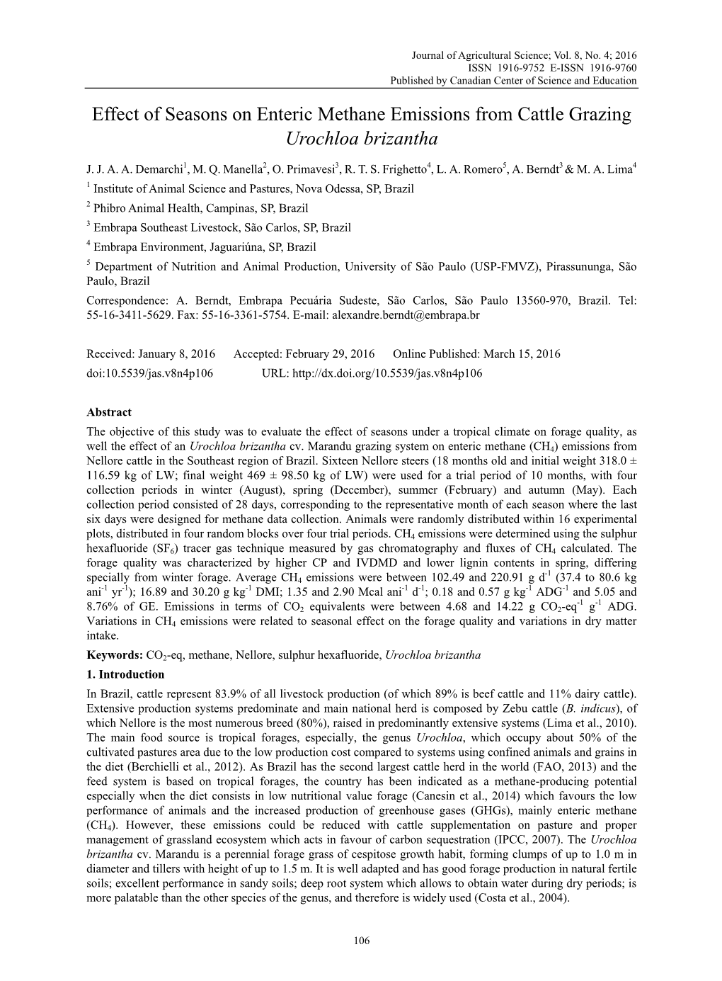 Effect of Seasons on Enteric Methane Emissions from Cattle Grazing Urochloa Brizantha