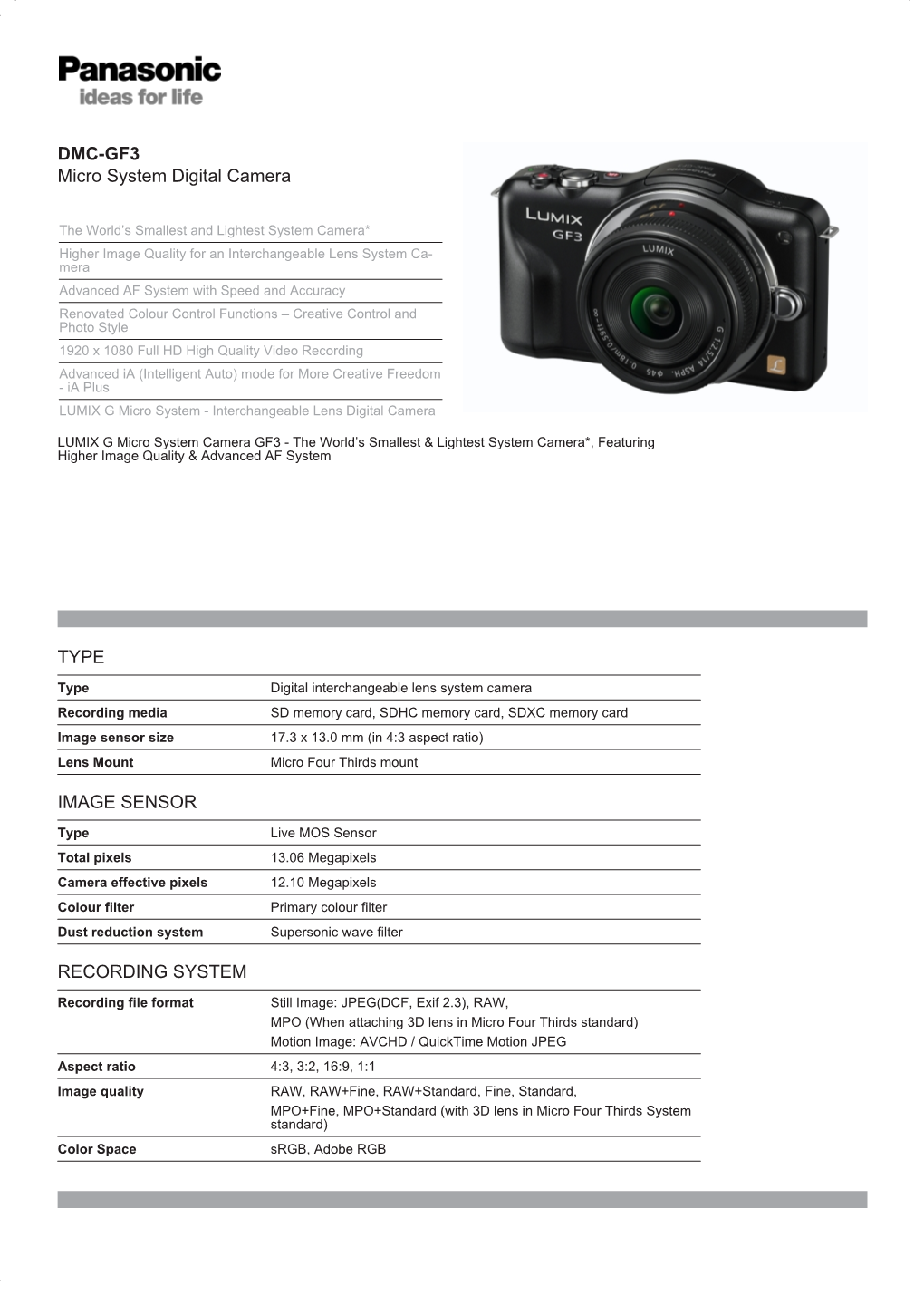 DMC-GF3 Micro System Digital Camera