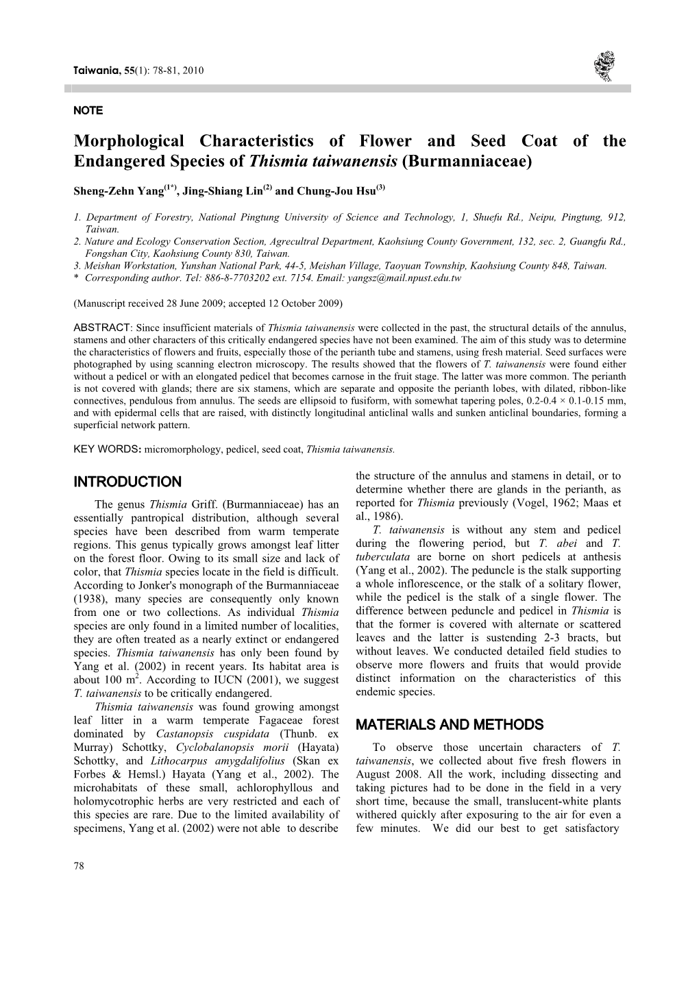 Morphological Characteristics of Flower and Seed Coat of the Endangered Species of Thismia Taiwanensis (Burmanniaceae)