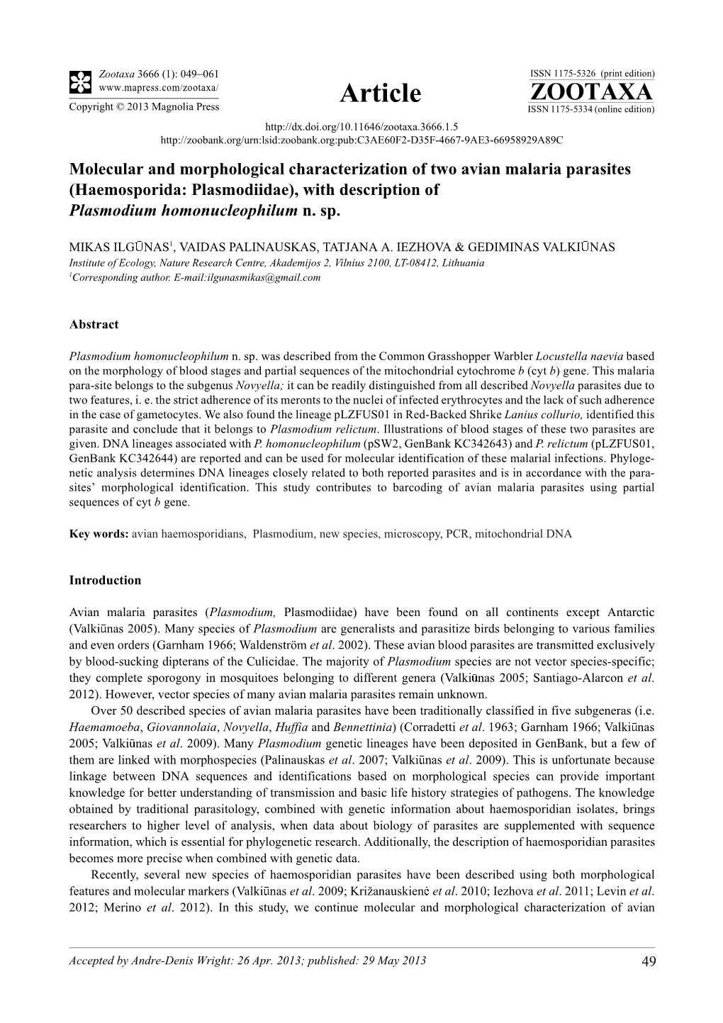 Haemosporida: Plasmodiidae), with Description of Plasmodium Homonucleophilum N