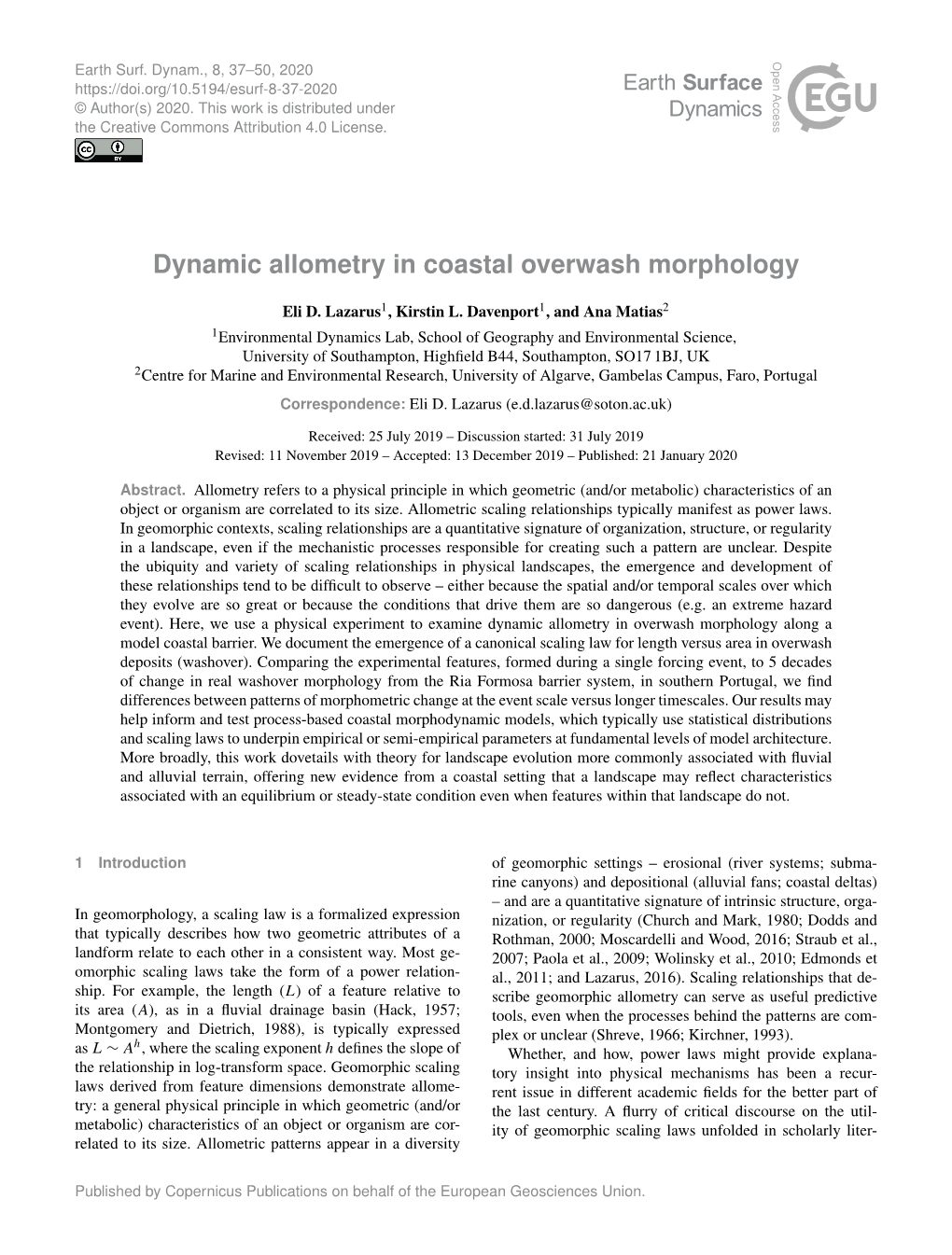 Dynamic Allometry in Coastal Overwash Morphology