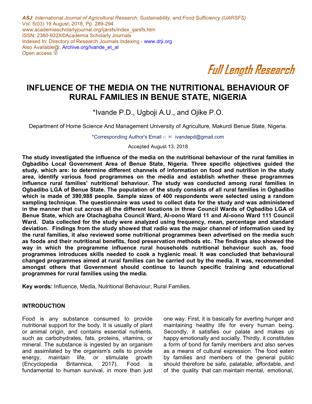 Influence of the Media on the Nutritional Behaviour of Rural Families in Benue State, Nigeria