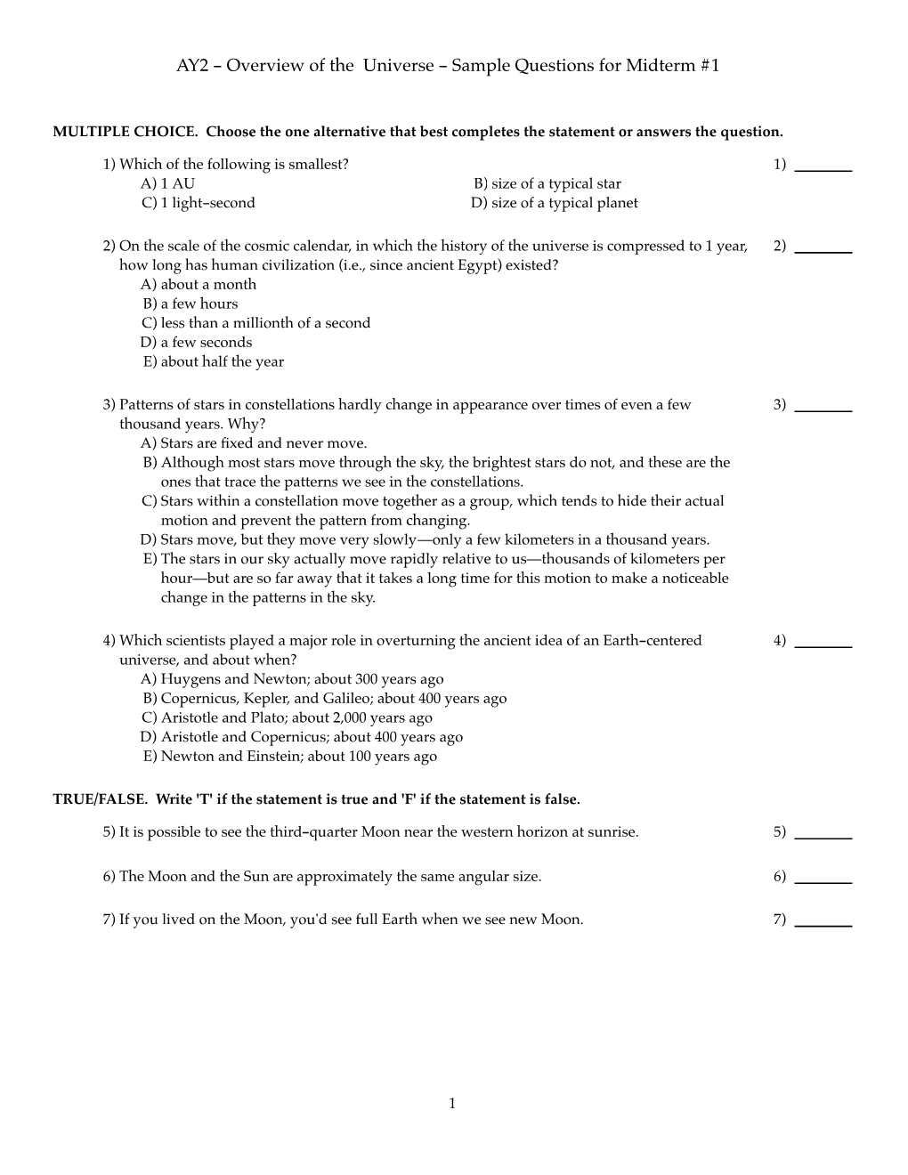 AY2 - Overview of the Universe - Sample Questions for Midterm #1