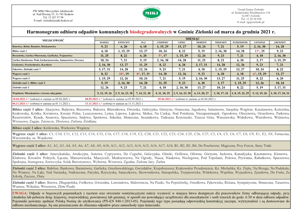 Harmonogram Odbioru Odpadów Komunalnych Biodegradowalnych W Gminie Zielonki Od Marca Do Grudnia 2021 R