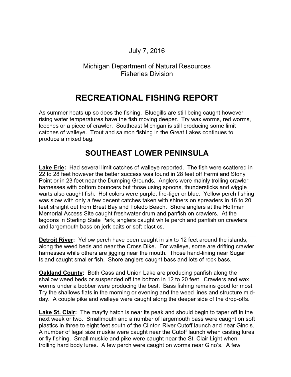 2016 Michigan Fishing Reports for July, August, September