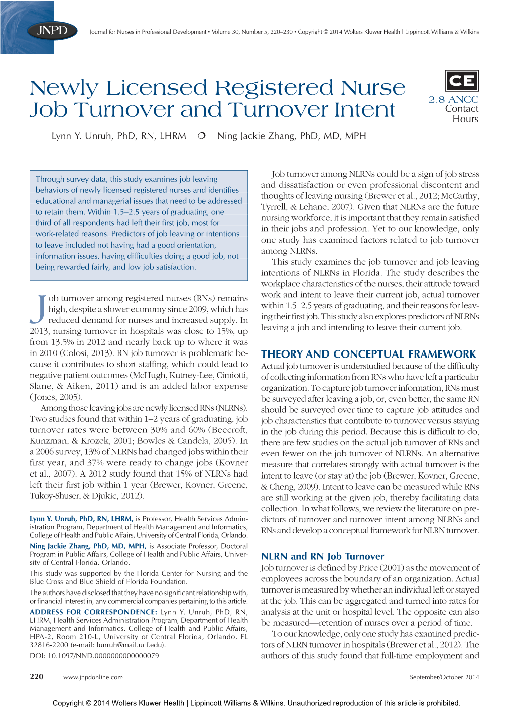 Newly Licensed Registered Nurse Job Turnover and Turnover Intent