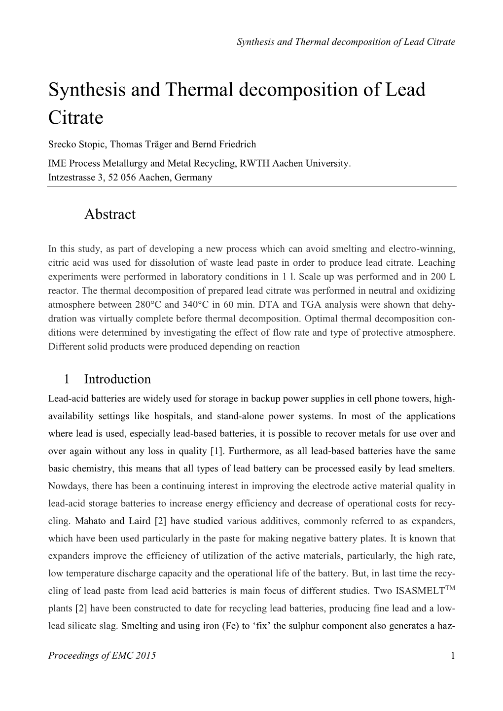 Synthesis and Thermal Decomposition of Lead Citrate