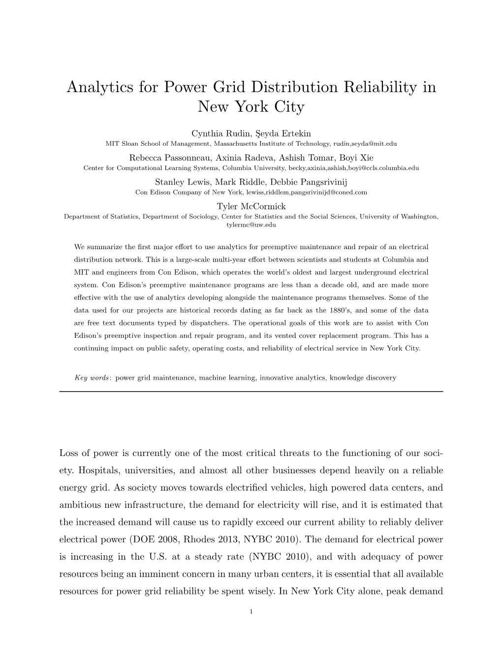 Analytics for Power Grid Distribution Reliability in New York City