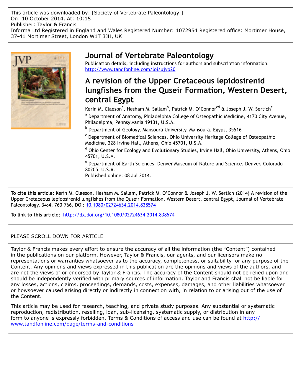 A Revision of the Upper Cretaceous Lepidosirenid Lungfishes from the Quseir Formation, Western Desert, Central Egypt Kerin M