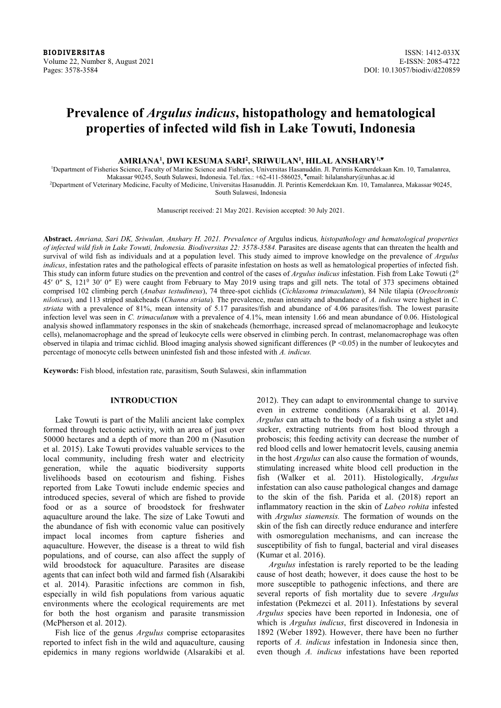 Prevalence of Argulus Indicus, Histopathology and Hematological Properties of Infected Wild Fish in Lake Towuti, Indonesia