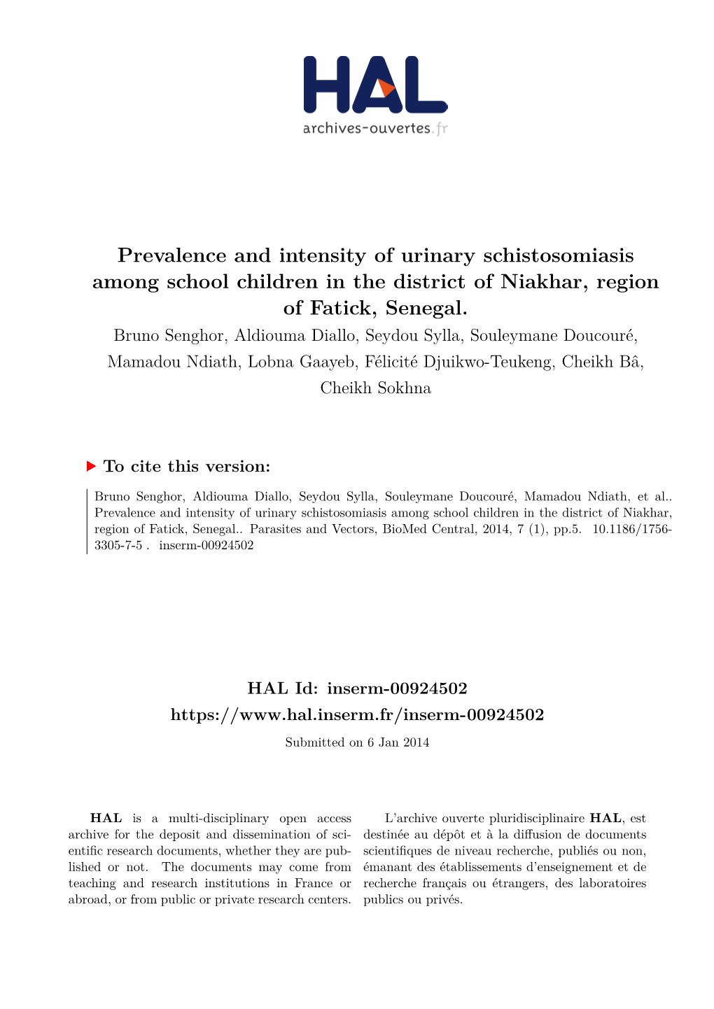 Prevalence and Intensity of Urinary Schistosomiasis Among School Children in the District of Niakhar, Region of Fatick, Senegal