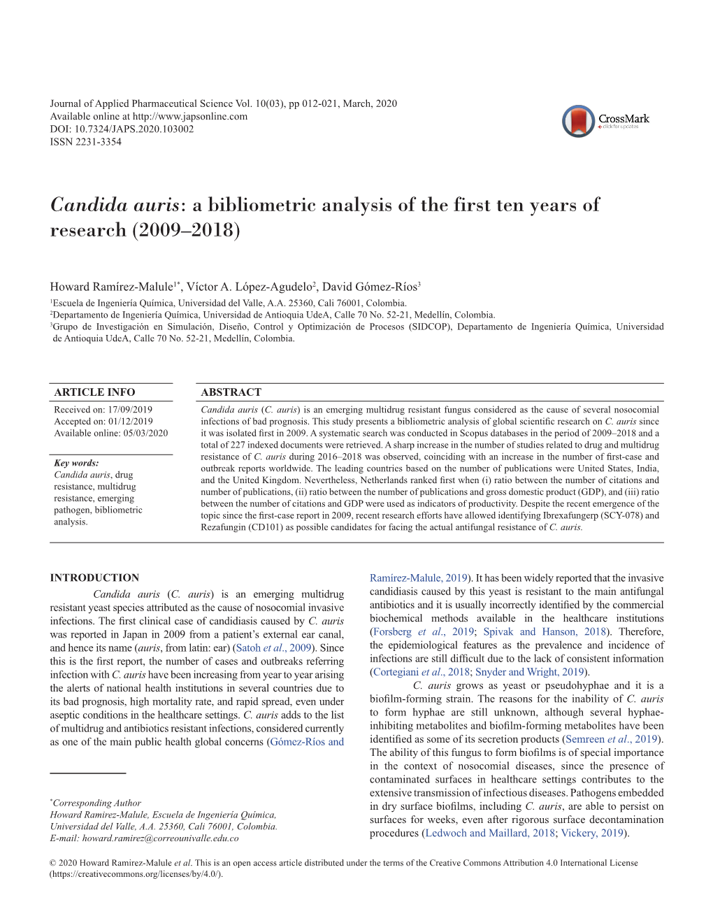 Candida Auris: a Bibliometric Analysis of the First Ten Years of Research (2009–2018)