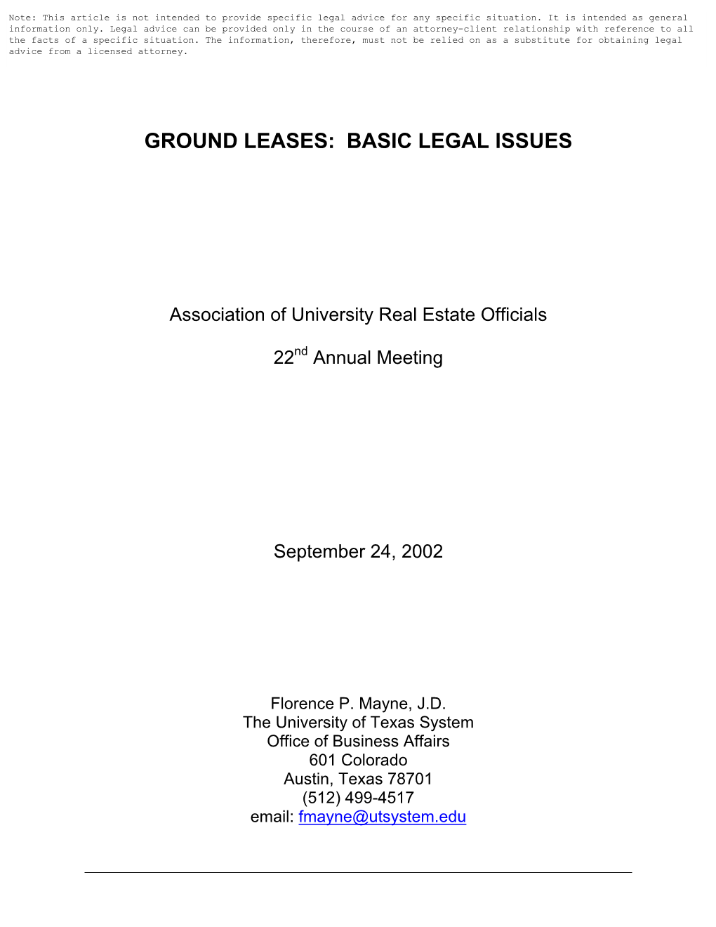 Ground Leases: Basic Legal Issues