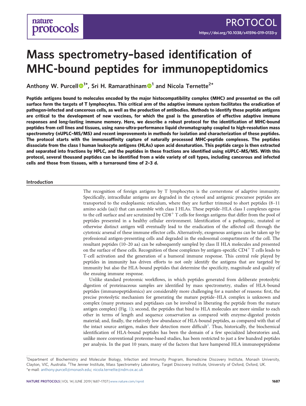 Mass Spectrometry–Based Identification of MHC-Bound