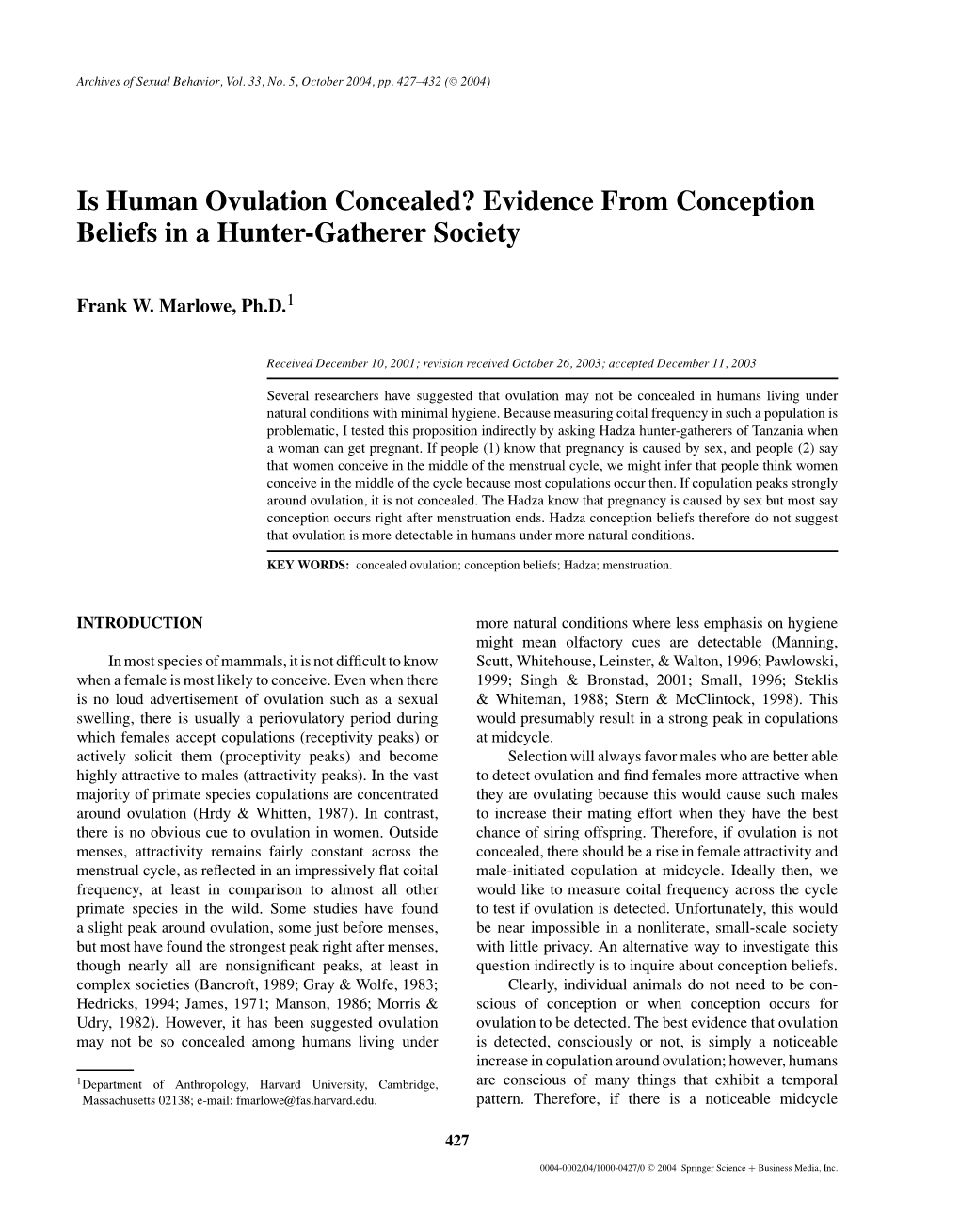 Is Human Ovulation Concealed? Evidence from Conception Beliefs in a Hunter-Gatherer Society