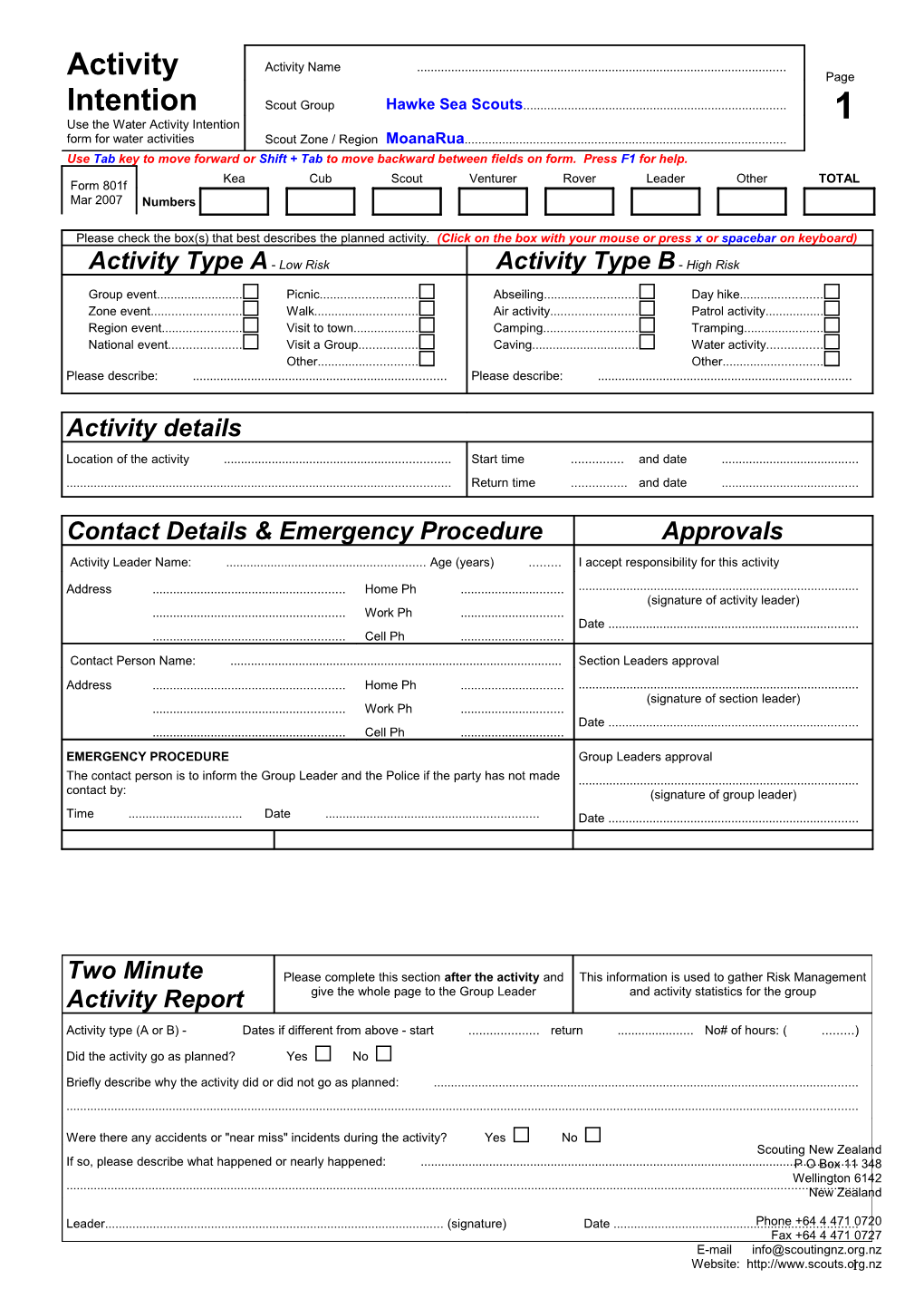 Activity Intention Form