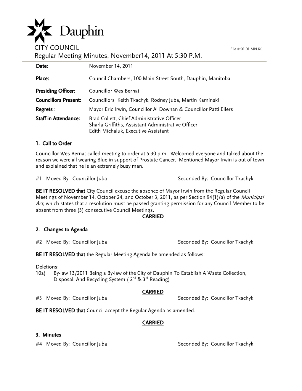 CITY COUNCIL Regular Meeting Minutes, November14, 2011 at 5:30