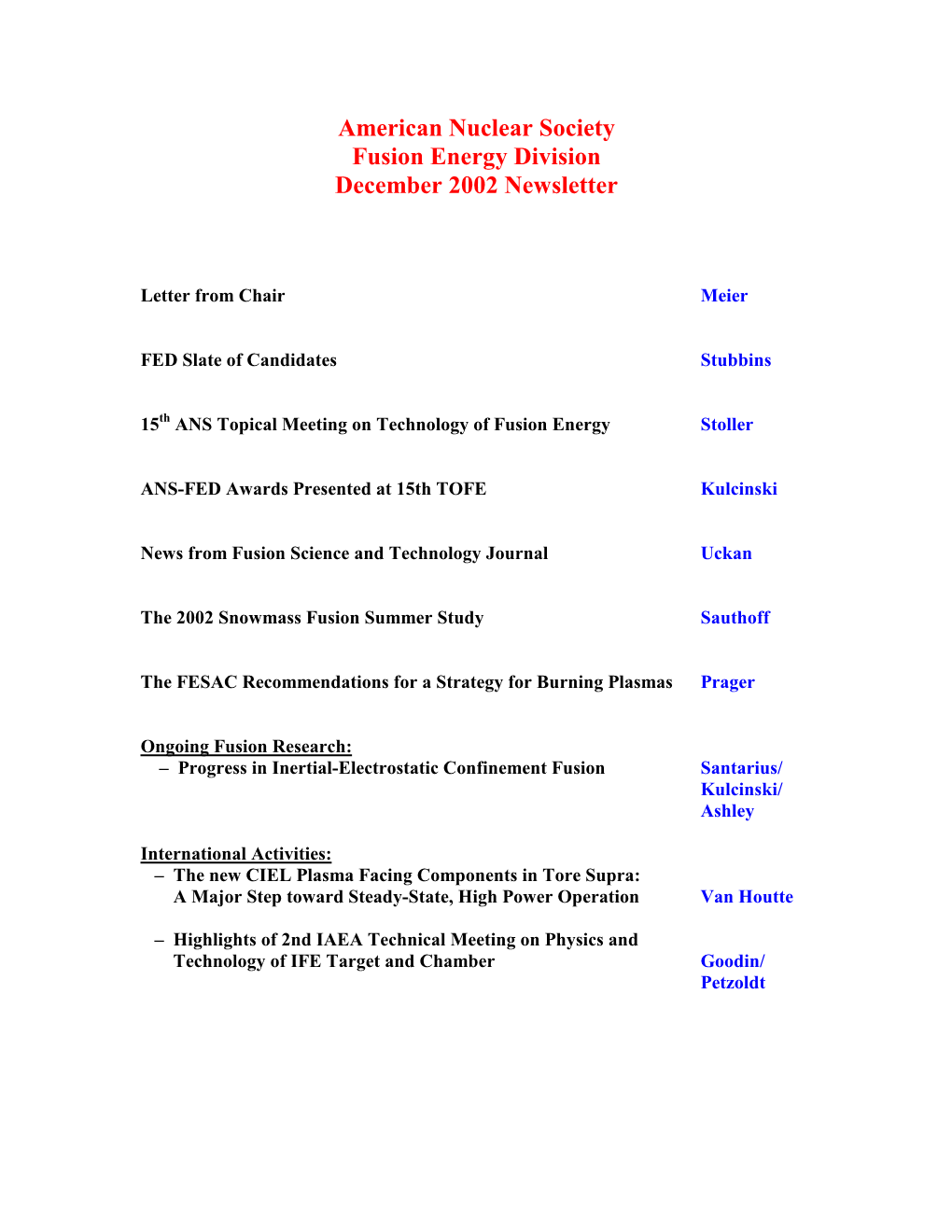 December 2002 Newsletter