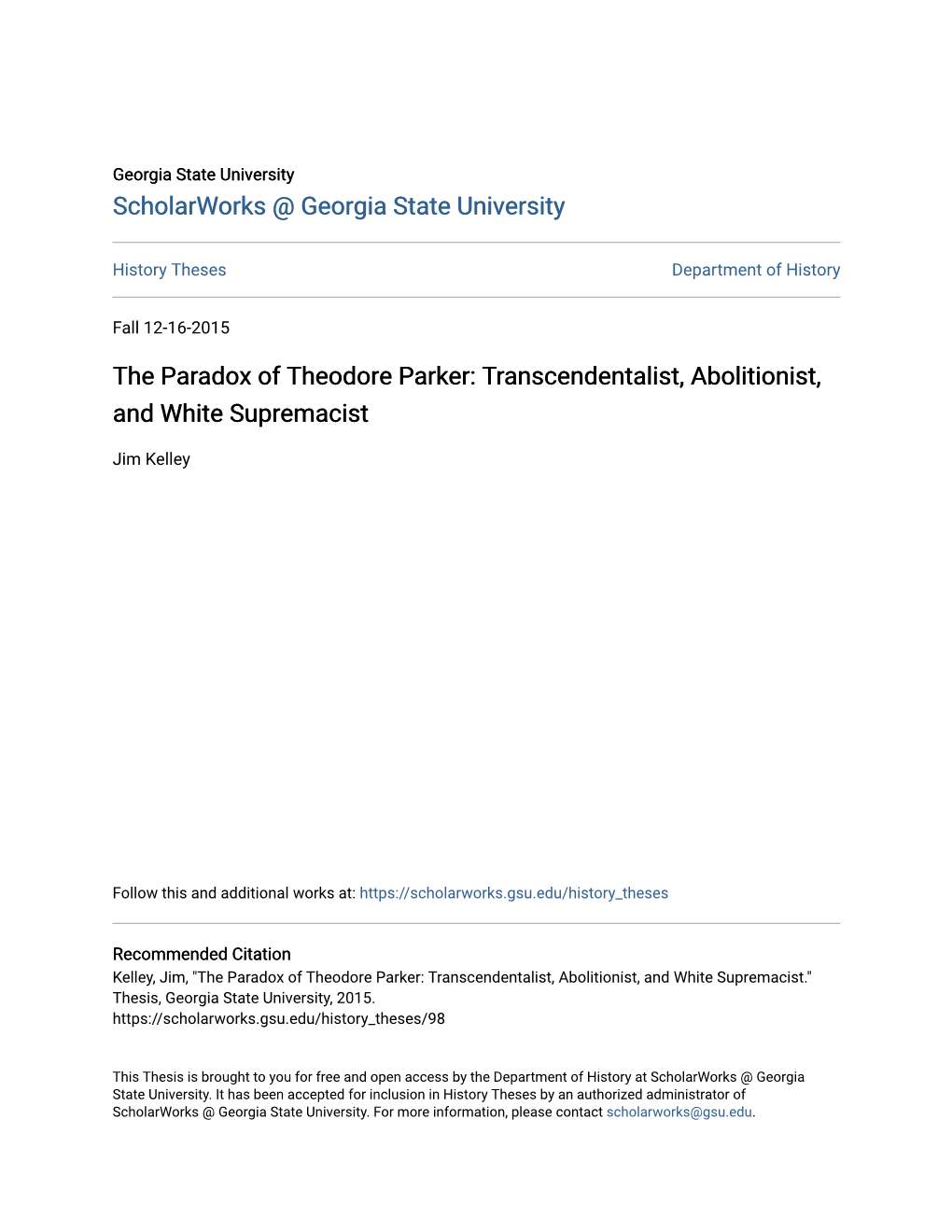 The Paradox of Theodore Parker: Transcendentalist, Abolitionist, and White Supremacist