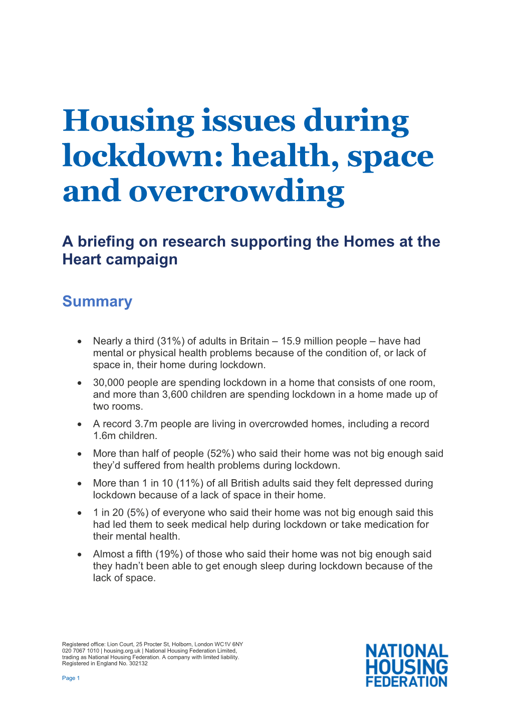 Housing Issues During Lockdown: Health, Space and Overcrowding