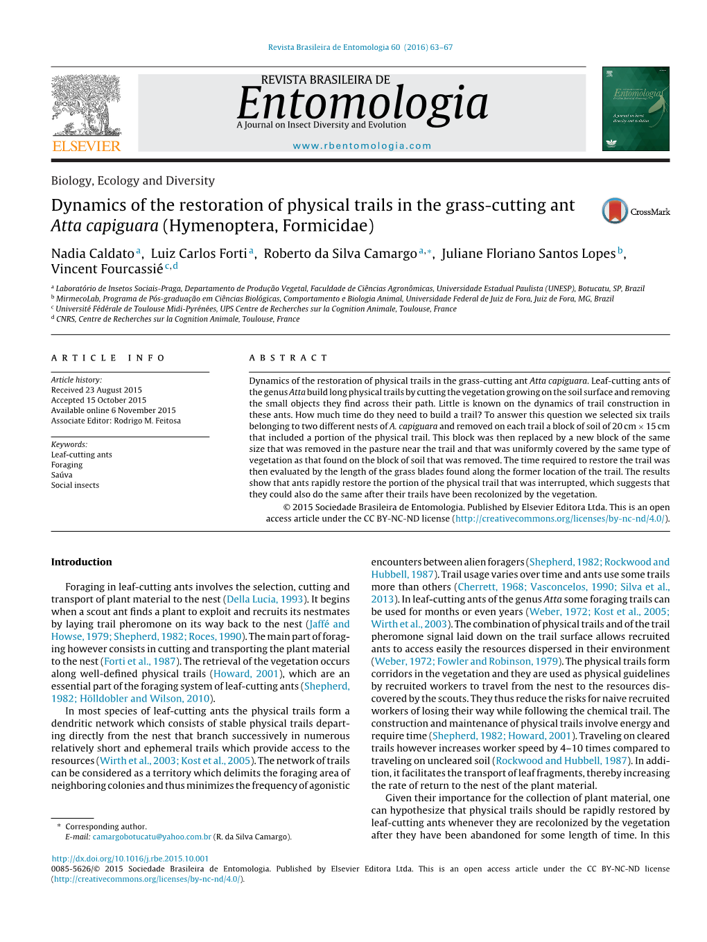 Dynamics of the Restoration of Physical Trails in the Grass-Cutting Ant Atta Capiguara (Hymenoptera, Formicidae)