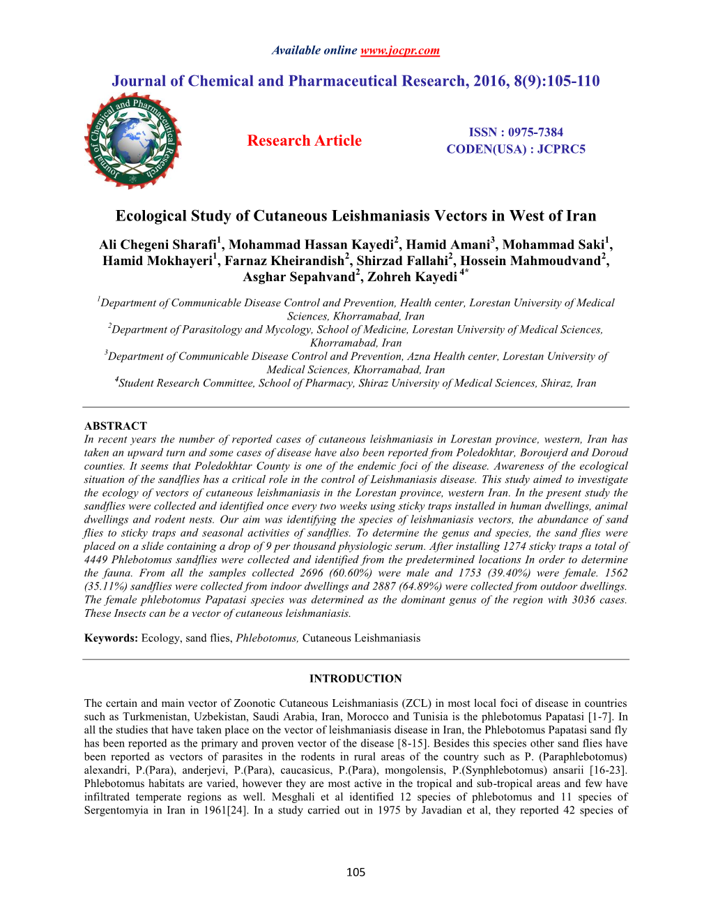 Ecological Study of Cutaneous Leishmaniasis Vectors in West of Iran