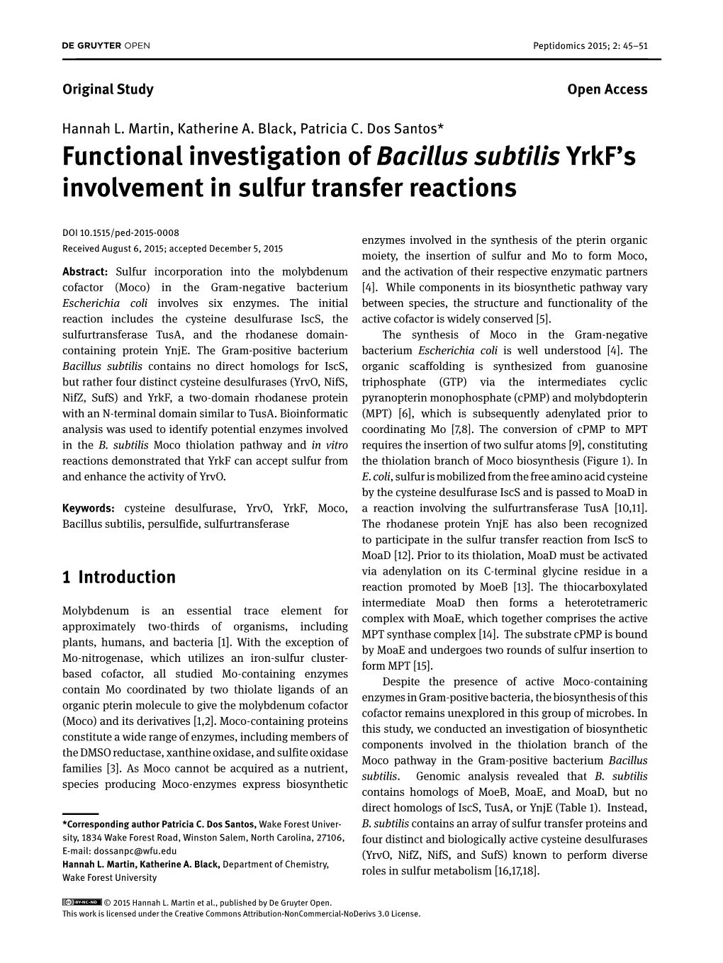 Functional Investigation of Bacillus Subtilis Yrkf's Involvement in Sulfur