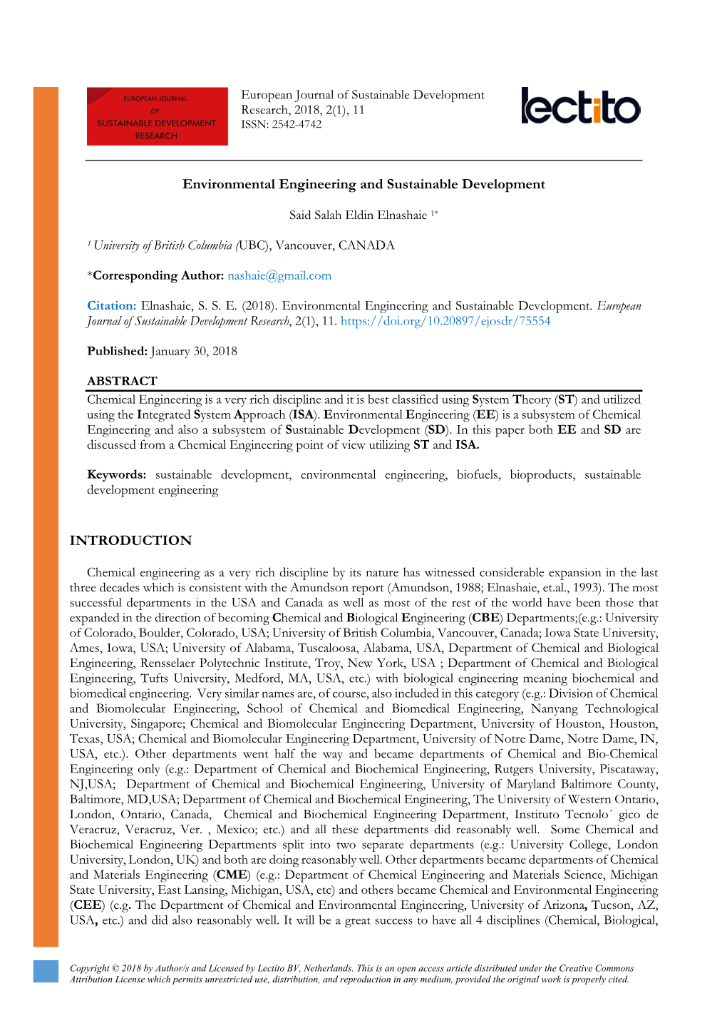 Environmental Engineering and Sustainable Development