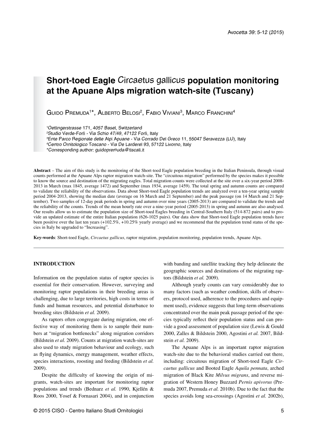 Short-Toed Eagle Circaetus Gallicus Population Monitoring at the Apuane Alps Migration Watch-Site (Tuscany)