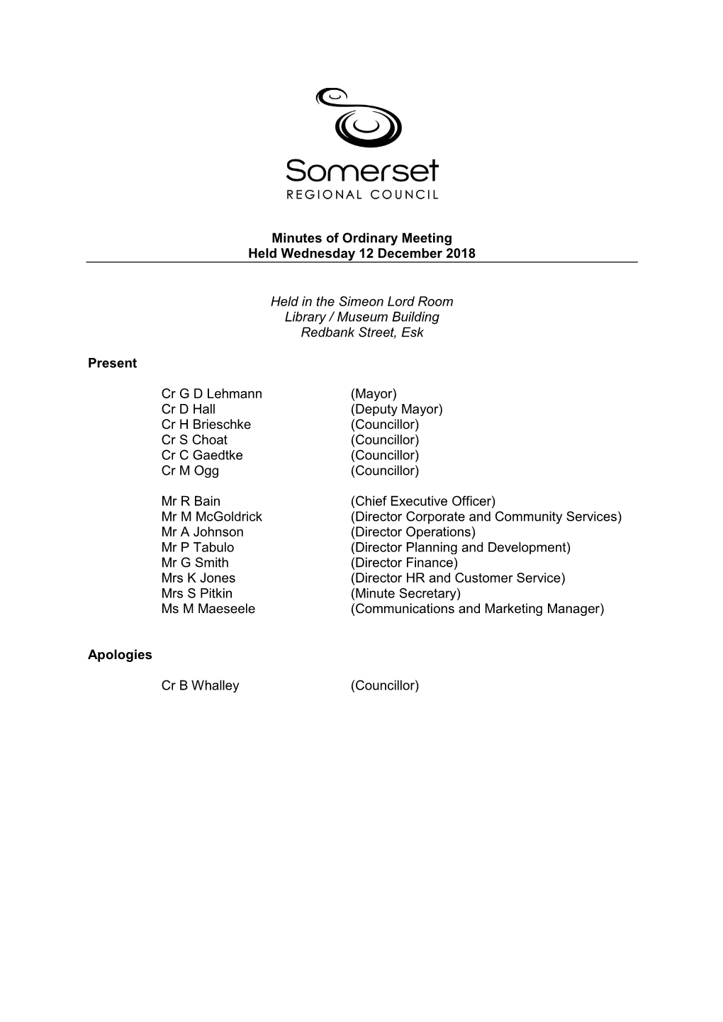 Minutes of Ordinary Meeting Held Wednesday 12 December 2018