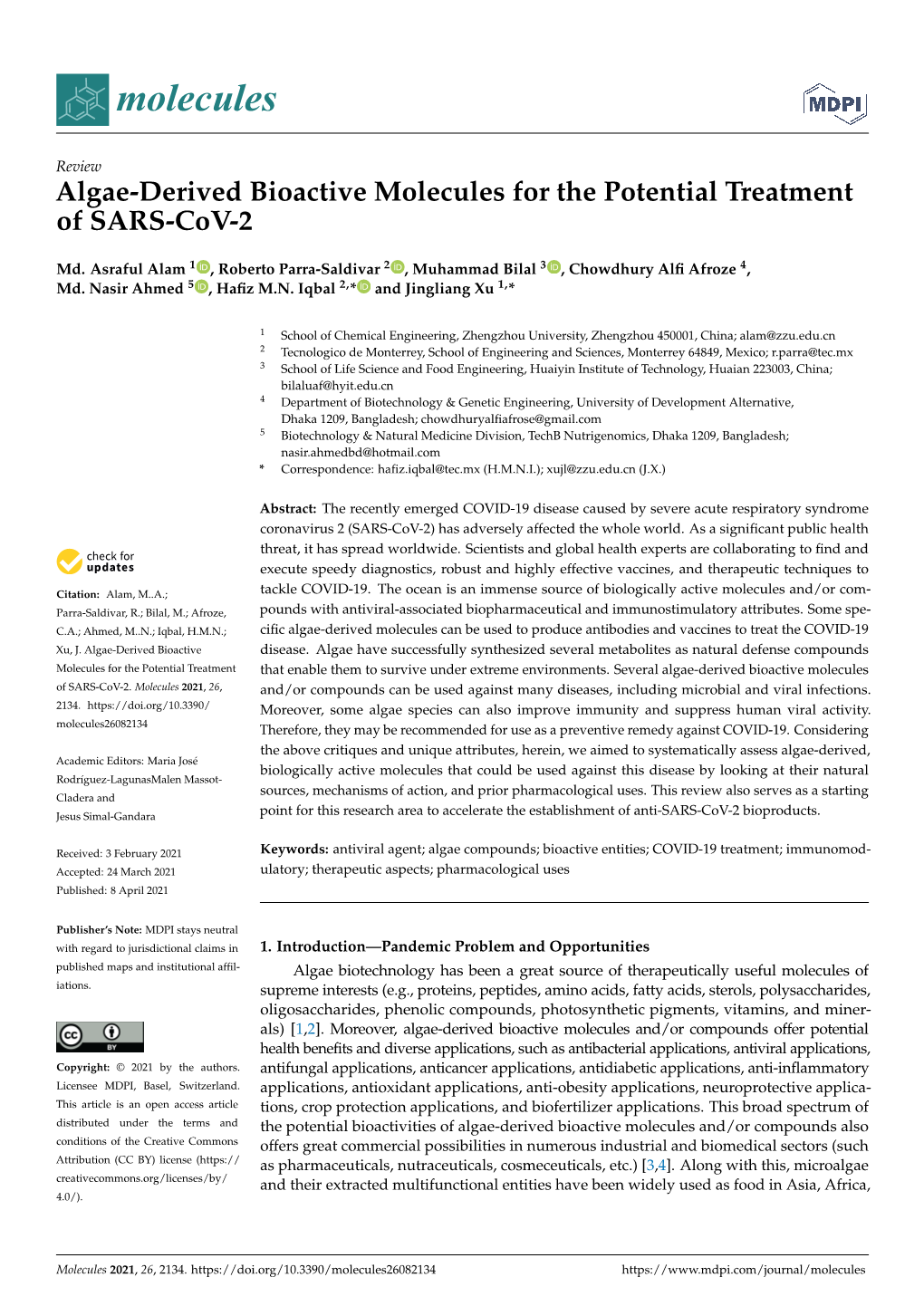 Algae-Derived Bioactive Molecules for the Potential Treatment of SARS-Cov-2