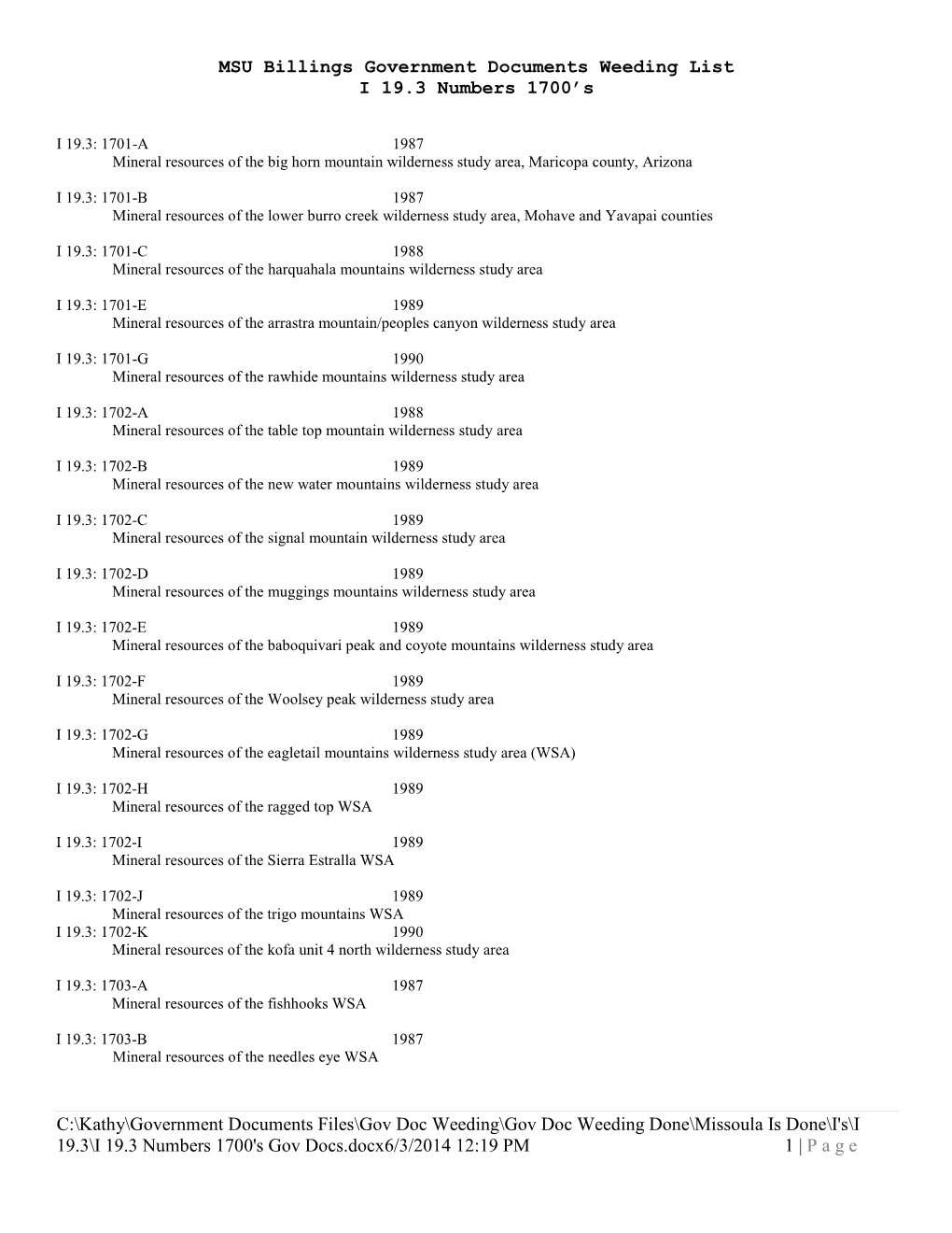 MSU Billings Government Documents Weeding List I 19.3 Numbers 1700’S