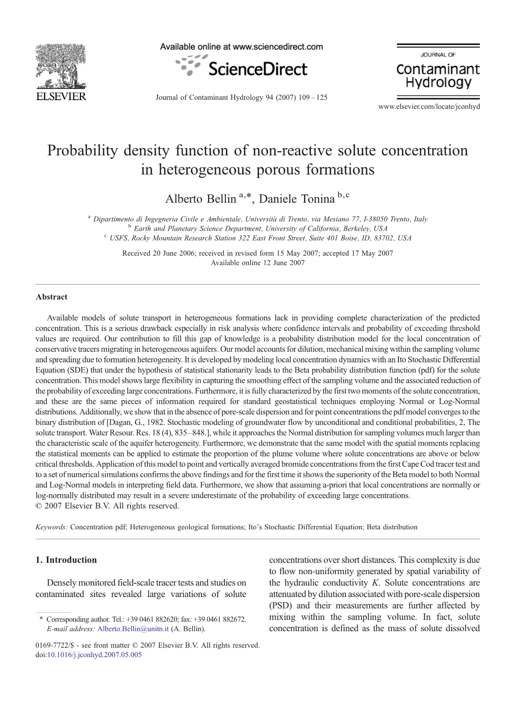 Probability Density Function of Non-Reactive Solute Concentration in Heterogeneous Porous Formations ⁎ Alberto Bellin A, , Daniele Tonina B,C