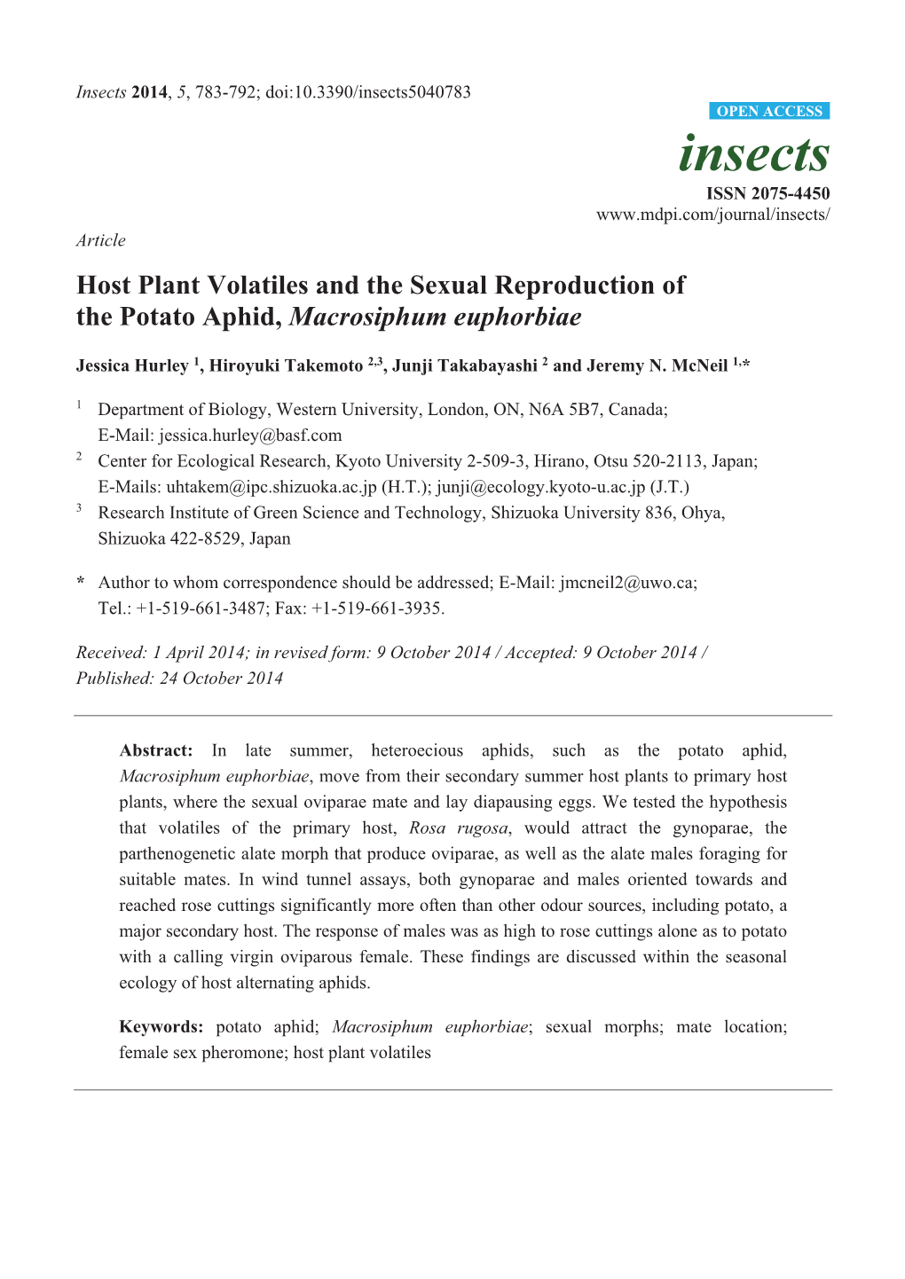 Host Plant Volatiles and the Sexual Reproduction of the Potato Aphid, Macrosiphum Euphorbiae