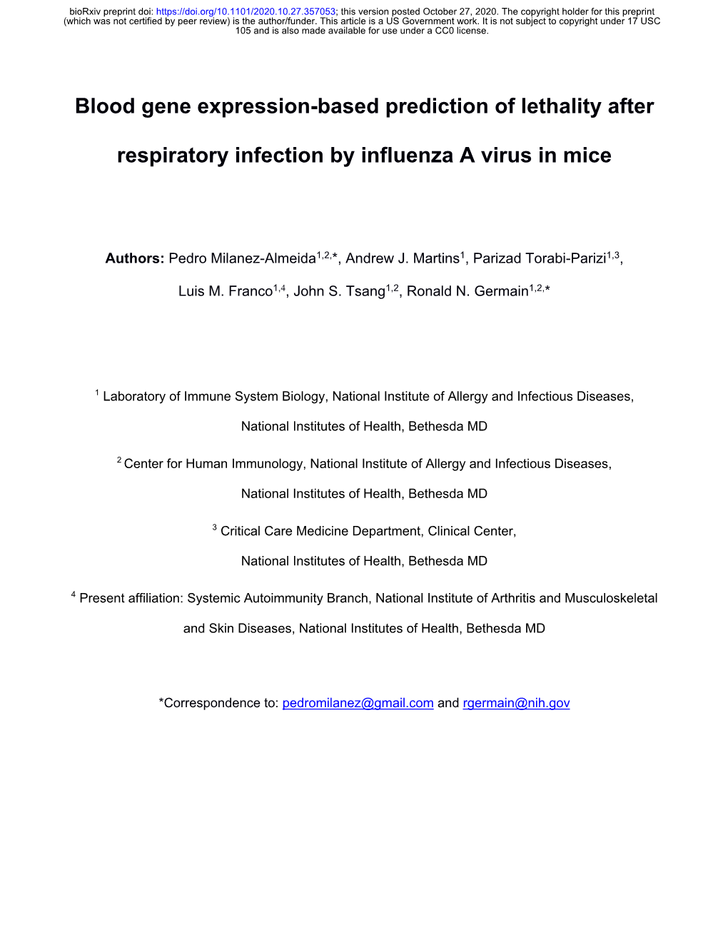 Blood Gene Expression-Based Prediction of Lethality After Respiratory Infection by Influenza a Virus in Mice