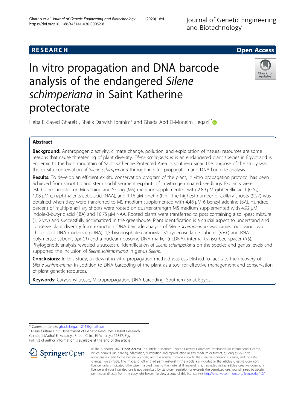 In Vitro Propagation and DNA Barcode Analysis of the Endangered Silene Schimperiana in Saint Katherine Protectorate