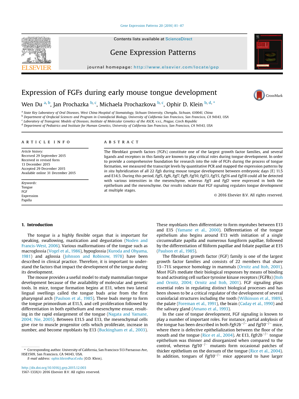 Expression of Fgfs During Early Mouse Tongue Development