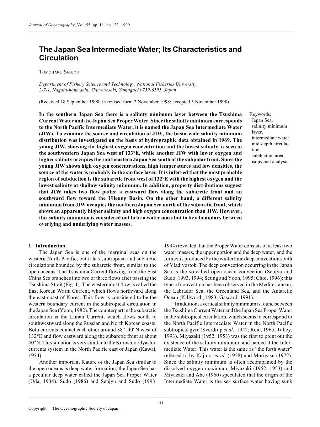 The Japan Sea Intermediate Water; Its Characteristics and Circulation