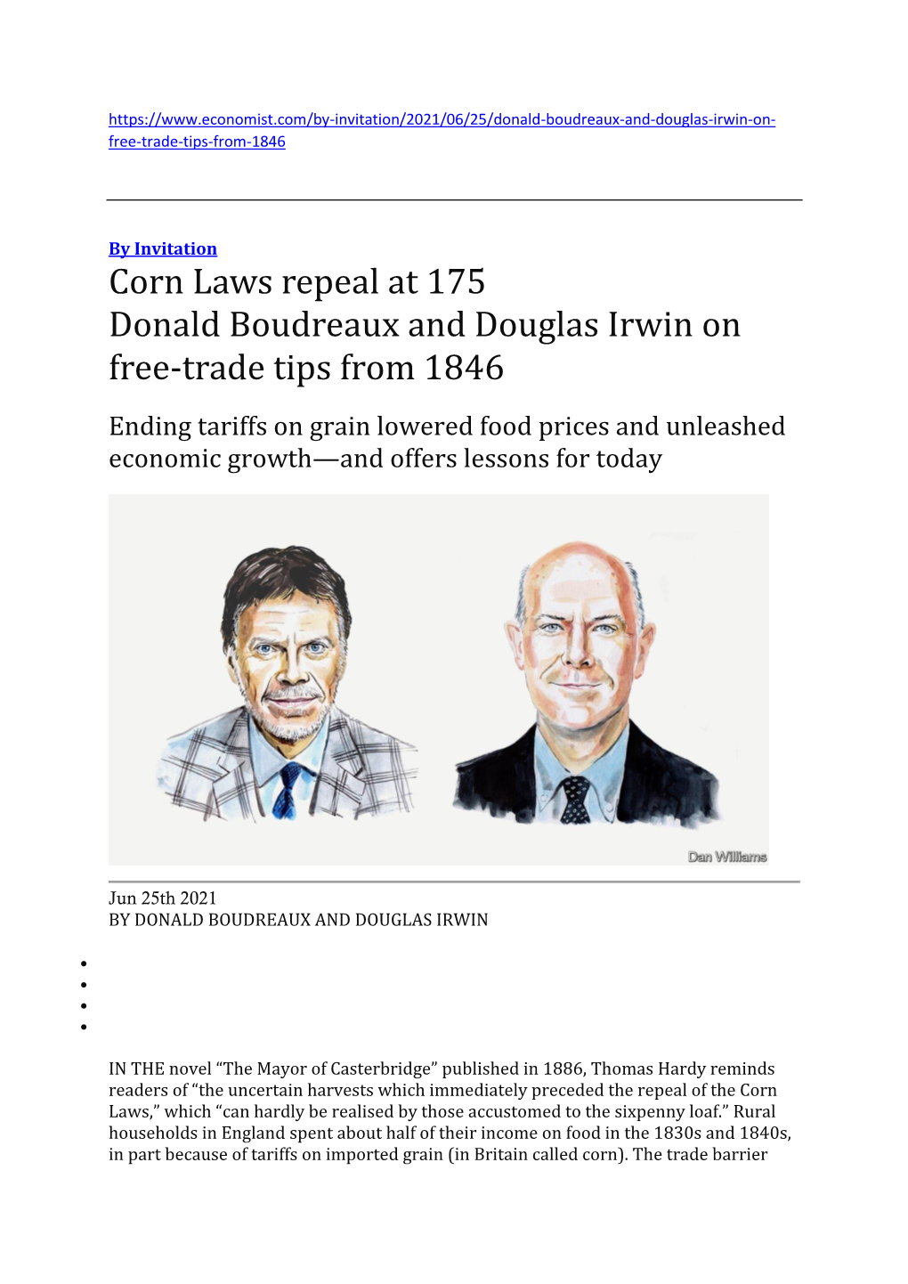 Corn Laws Repeal at 175 Donald Boudreaux and Douglas Irwin on Free-Trade Tips from 1846