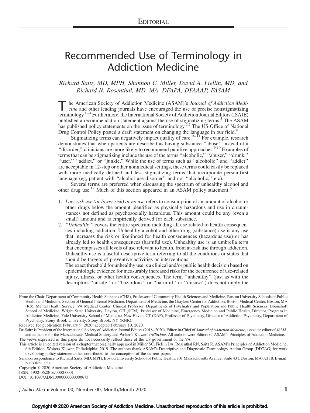 Recommended Use of Terminology in Addiction Medicine