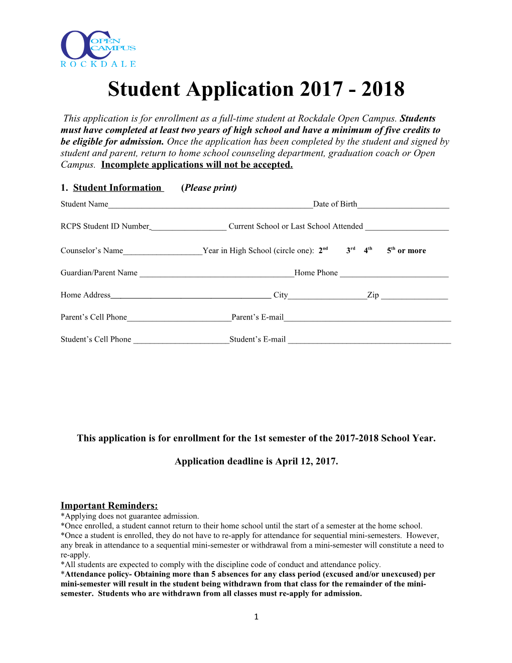 Student Application 2017 - 2018