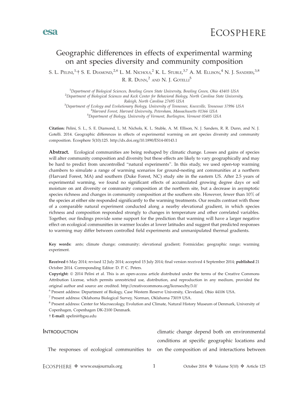 Geographic Differences in Effects of Experimental Warming on Ant Species Diversity and Community Composition 1, 2,6 2 3,7 4 3,8 S