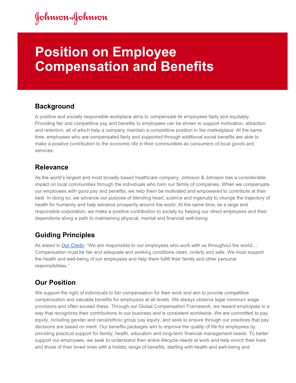 Position on Employee Compensation and Benefits