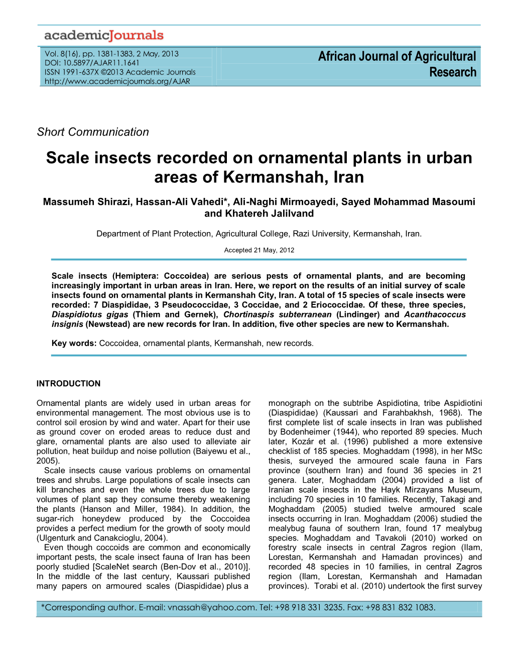Scale Insects Recorded on Ornamental Plants in Urban Areas of Kermanshah, Iran