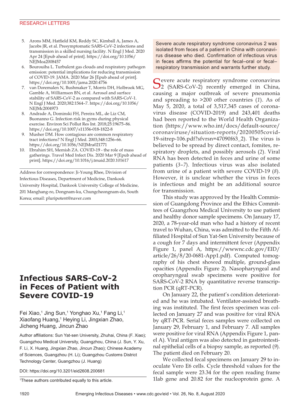 Infectious SARS-Cov-2 in Feces of Patient with Severe COVID-19